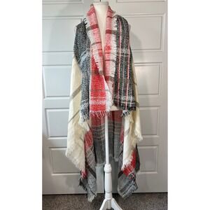 Vince Camuto Blanket Scarf Wrap Shawl Fringed Plaid Red Black Gray Cream OS